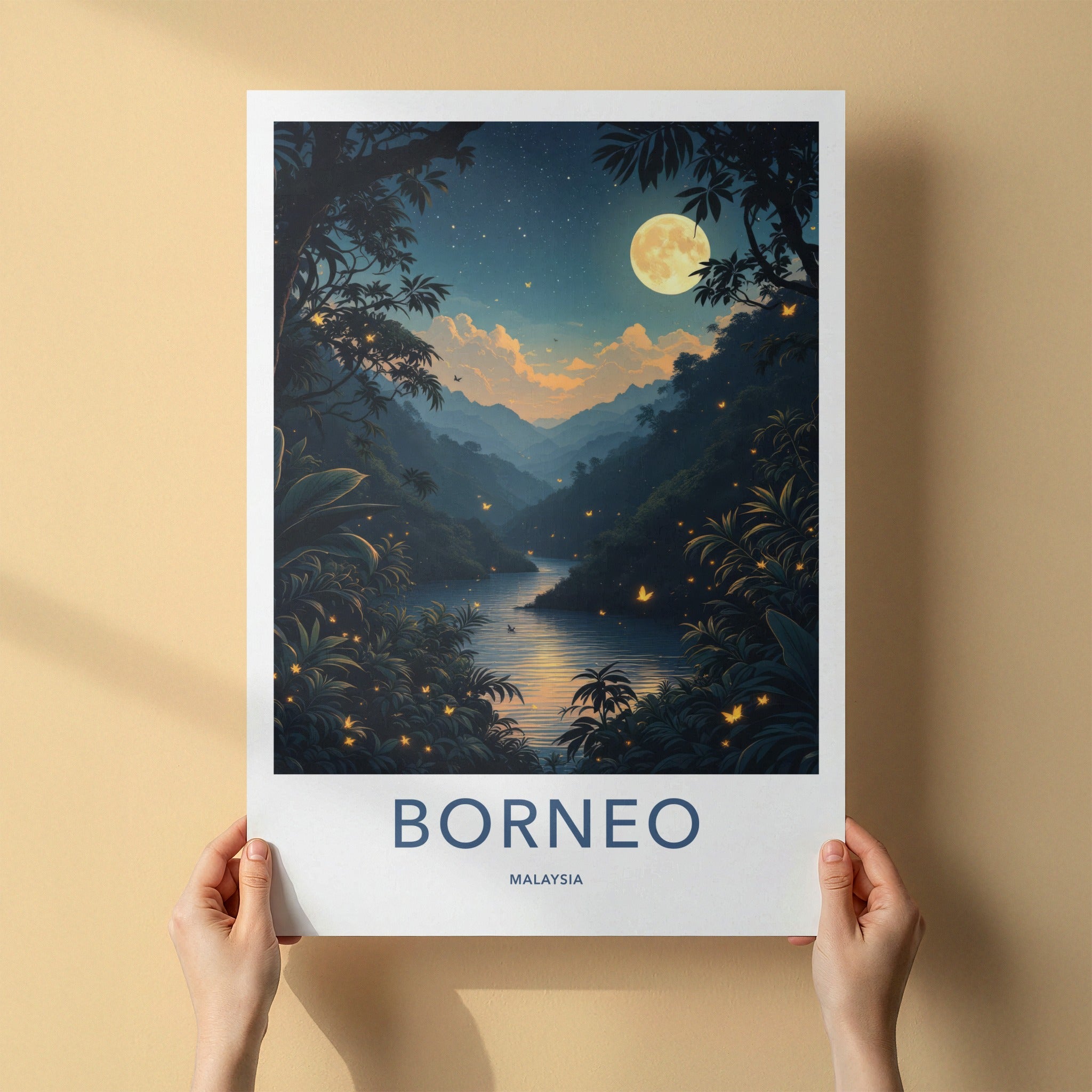 Borneo Poster - Malaysia Travel Art - Moonlit Jungle River Lounge Decor