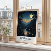 Borneo Poster - Malaysia Travel Art - Moonlit Jungle River Lounge Decor
