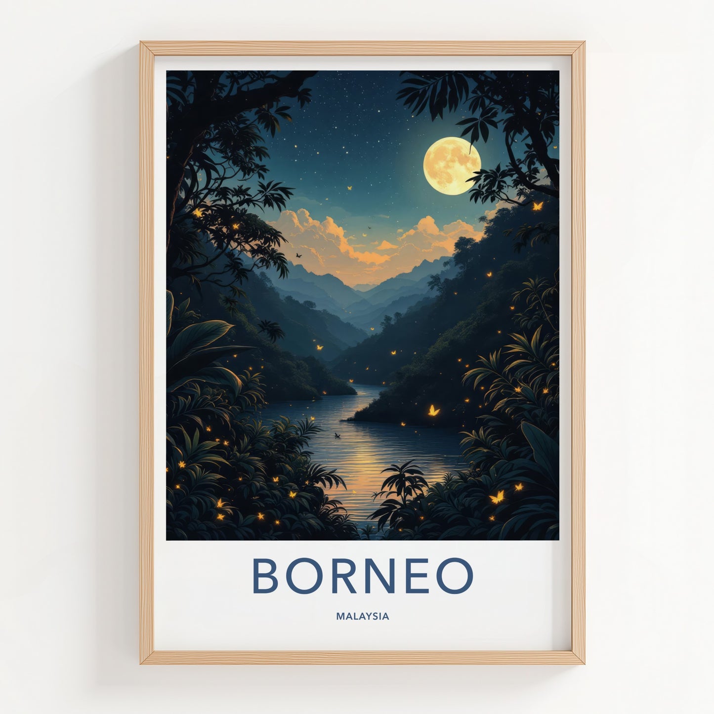Borneo Poster - Malaysia Travel Art - Moonlit Jungle River Lounge Decor