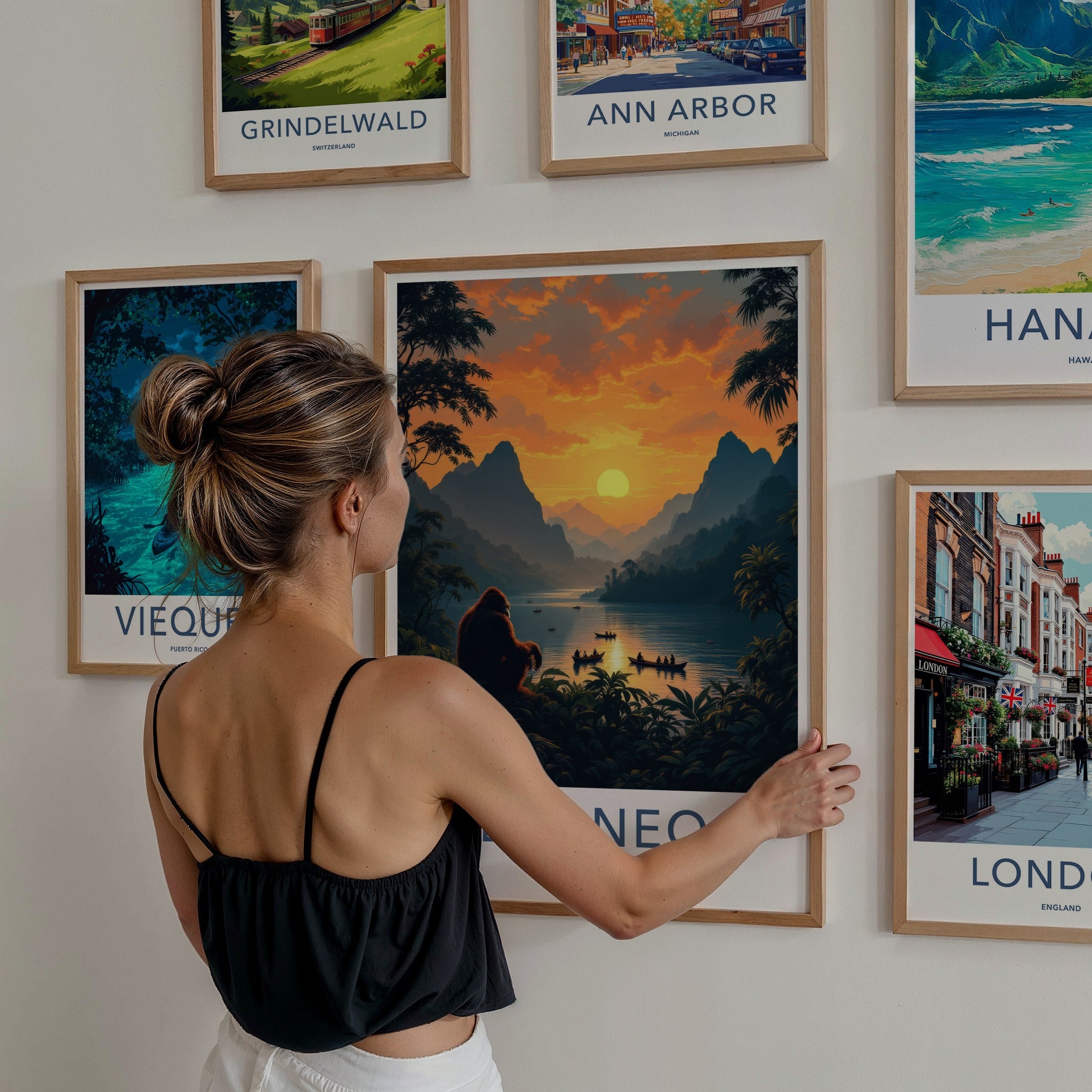 Borneo Poster - Malaysia Travel Art - Orangutan Sunset Lake Home Decor