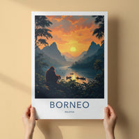 Borneo Poster - Malaysia Travel Art - Orangutan Sunset Lake Home Decor