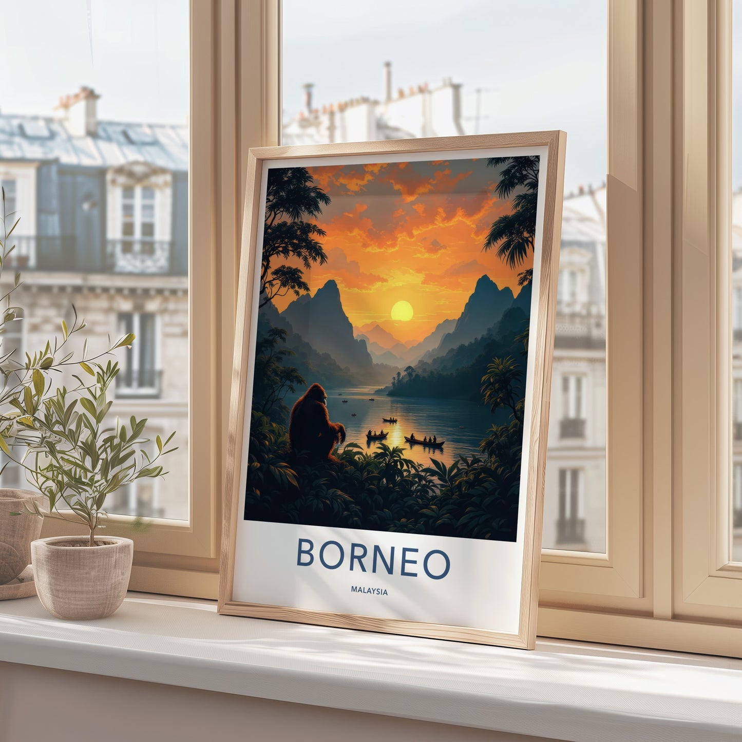 Borneo Poster - Malaysia Travel Art - Orangutan Sunset Lake Home Decor