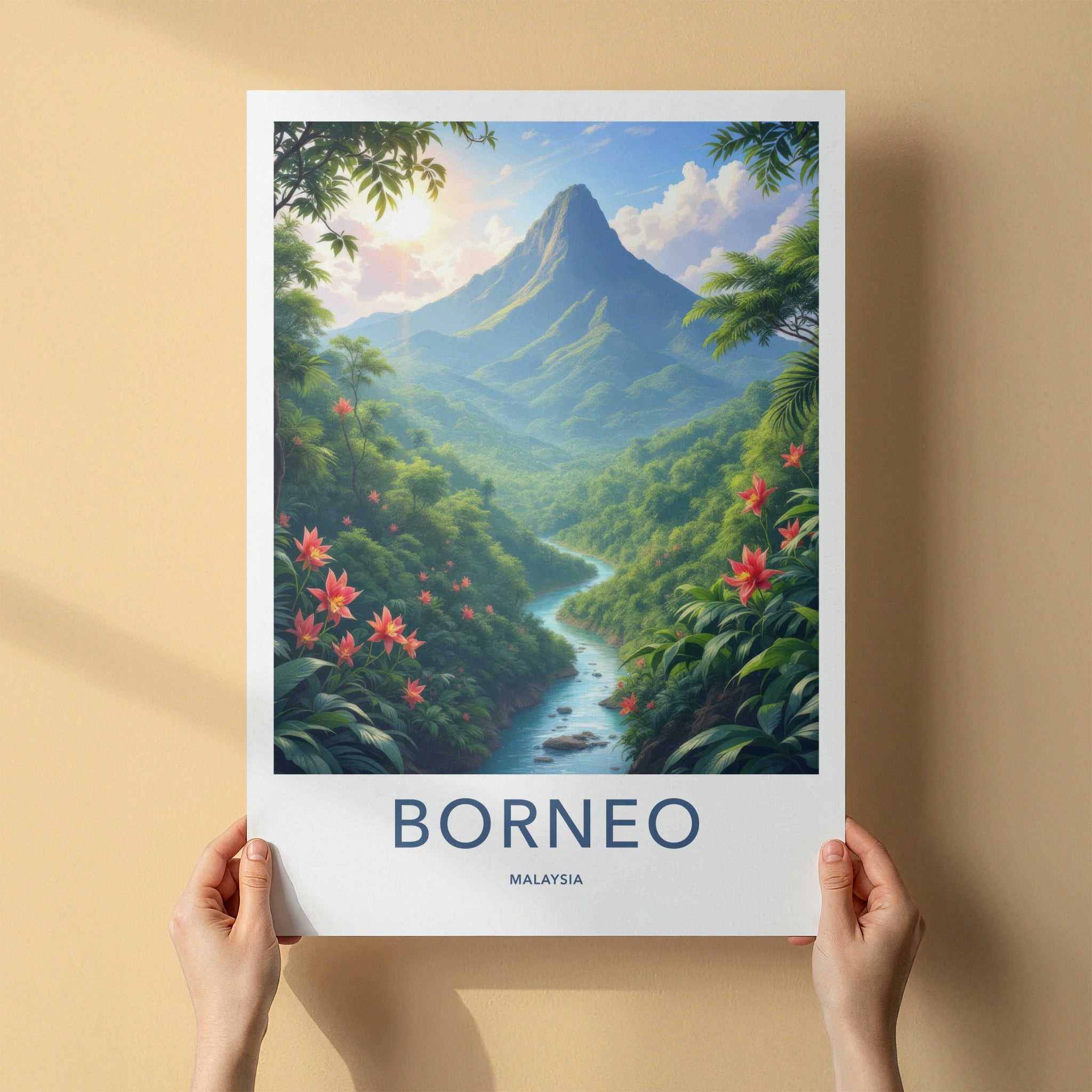 Borneo Poster - Malaysia Travel Art - Sunlit Mountain River Home Decor