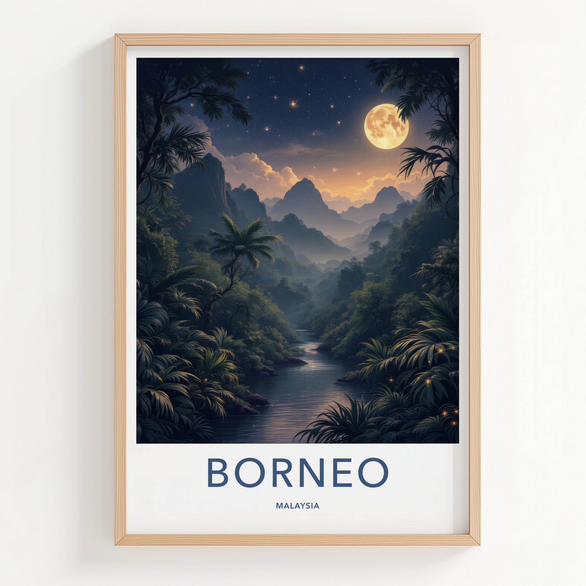 Borneo Poster - Malaysia Wall Art - Moonlit Jungle Stream Home Decor