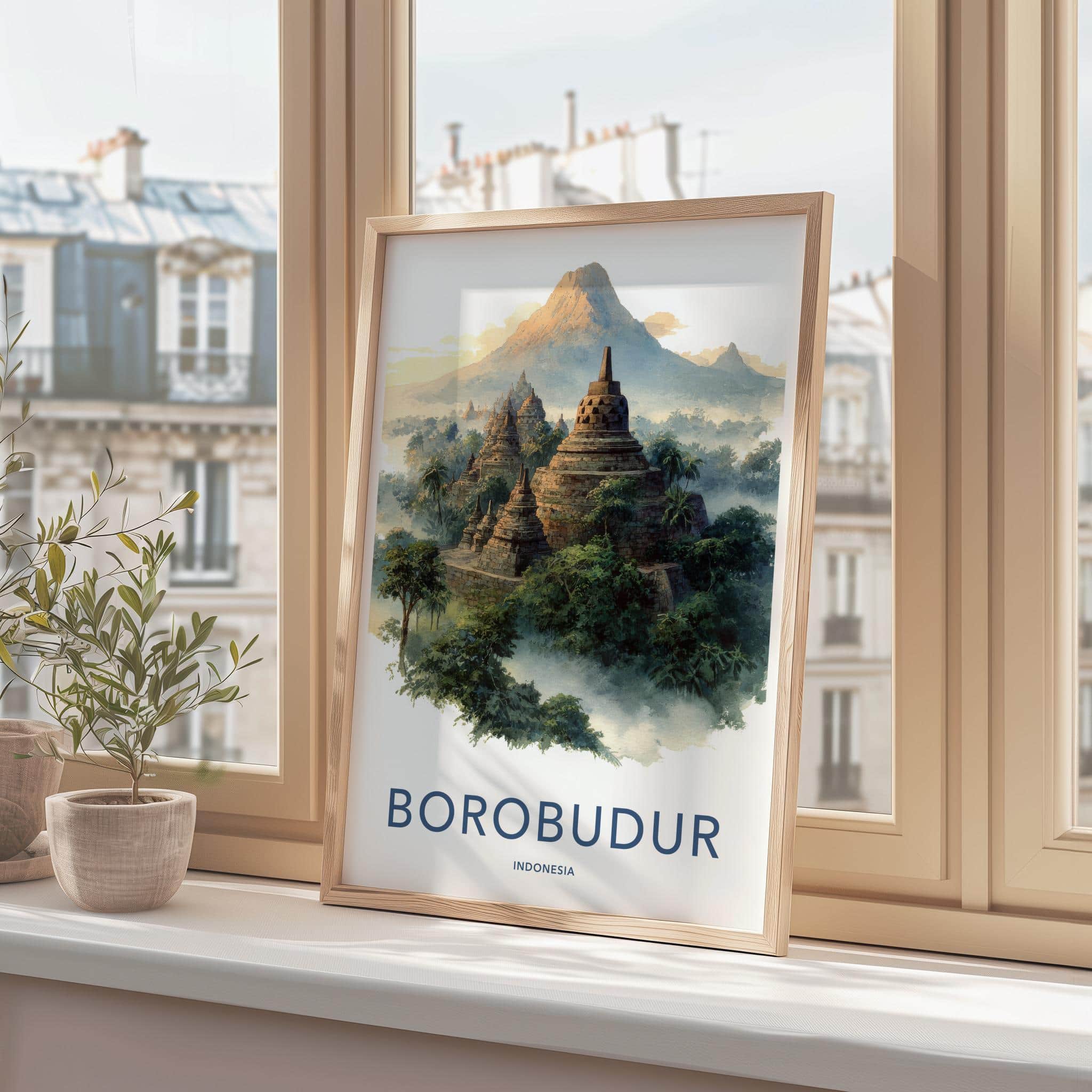 Borobudur Poster - Indonesia Art Print - Volcanic Peak Temple Room Decor