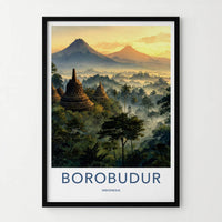 Borobudur Poster - Indonesia Travel Art - Misty Temple Sunrise Home Decor