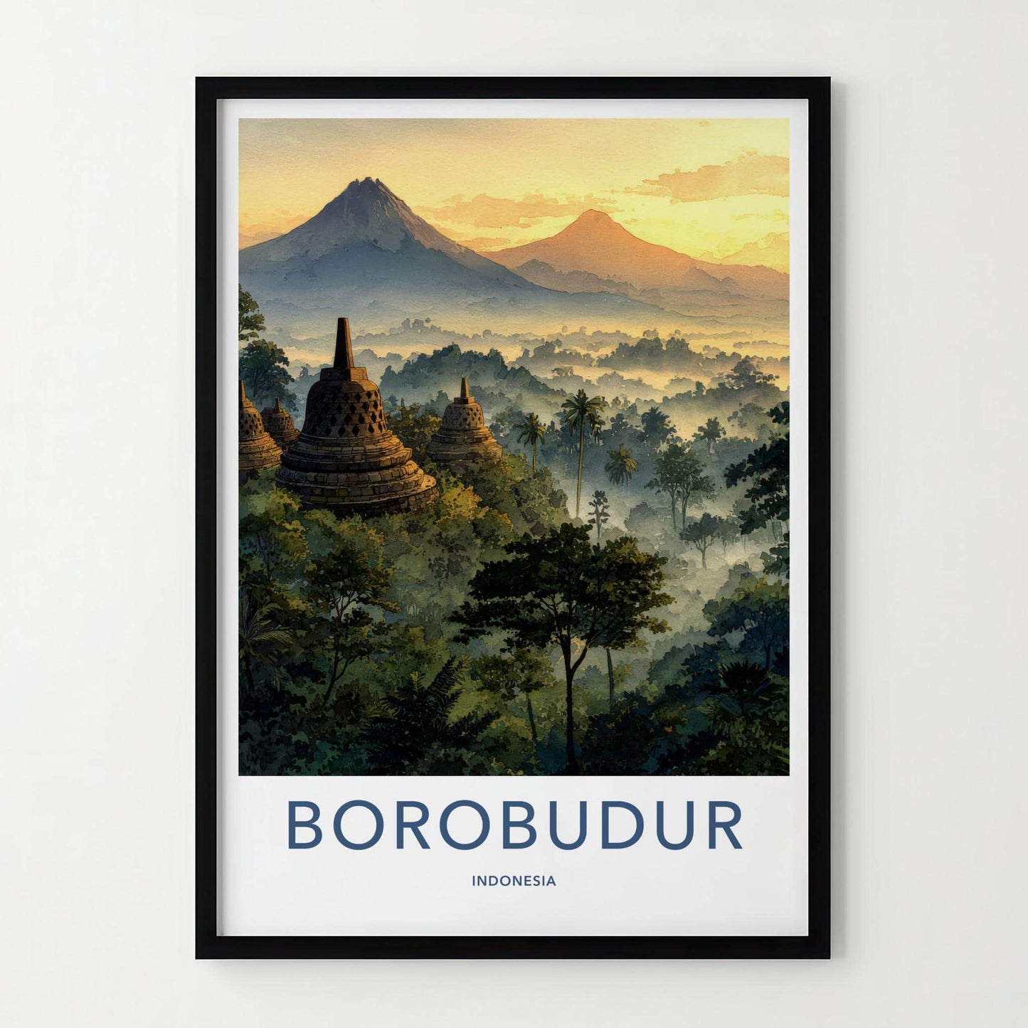 Borobudur Poster - Indonesia Travel Art - Misty Temple Sunrise Home Decor