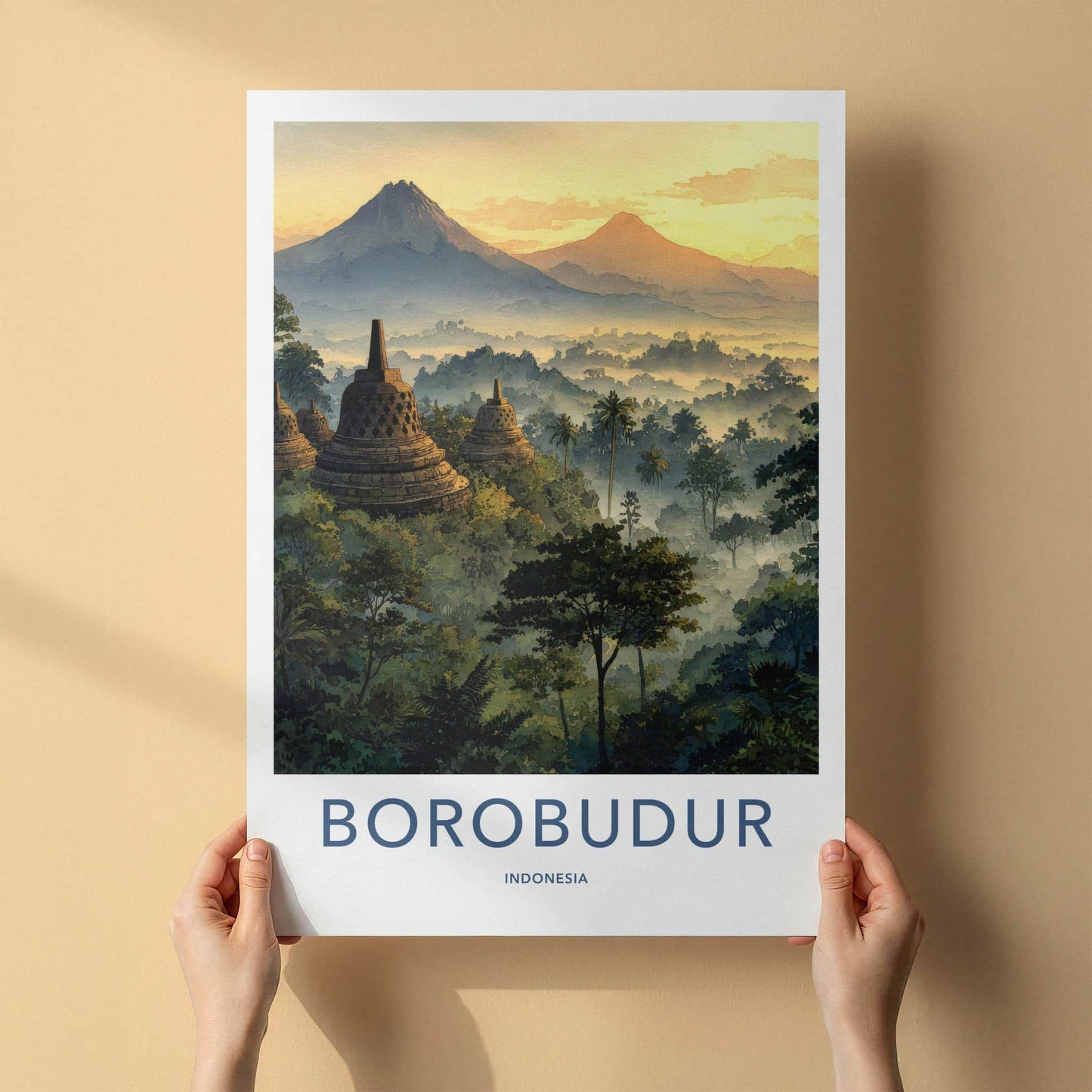 Borobudur Poster - Indonesia Travel Art - Misty Temple Sunrise Home Decor