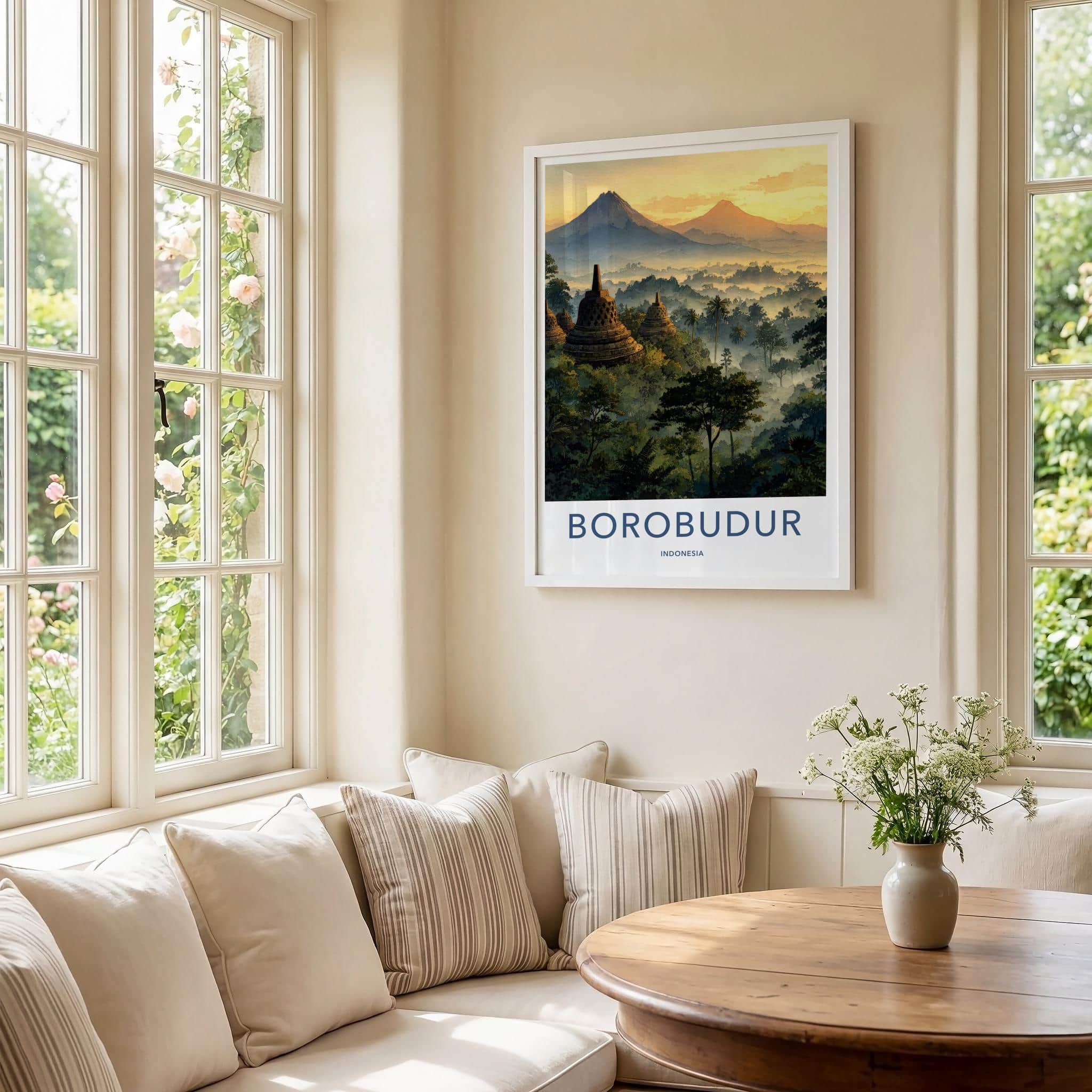 Borobudur Poster - Indonesia Travel Art - Misty Temple Sunrise Home Decor