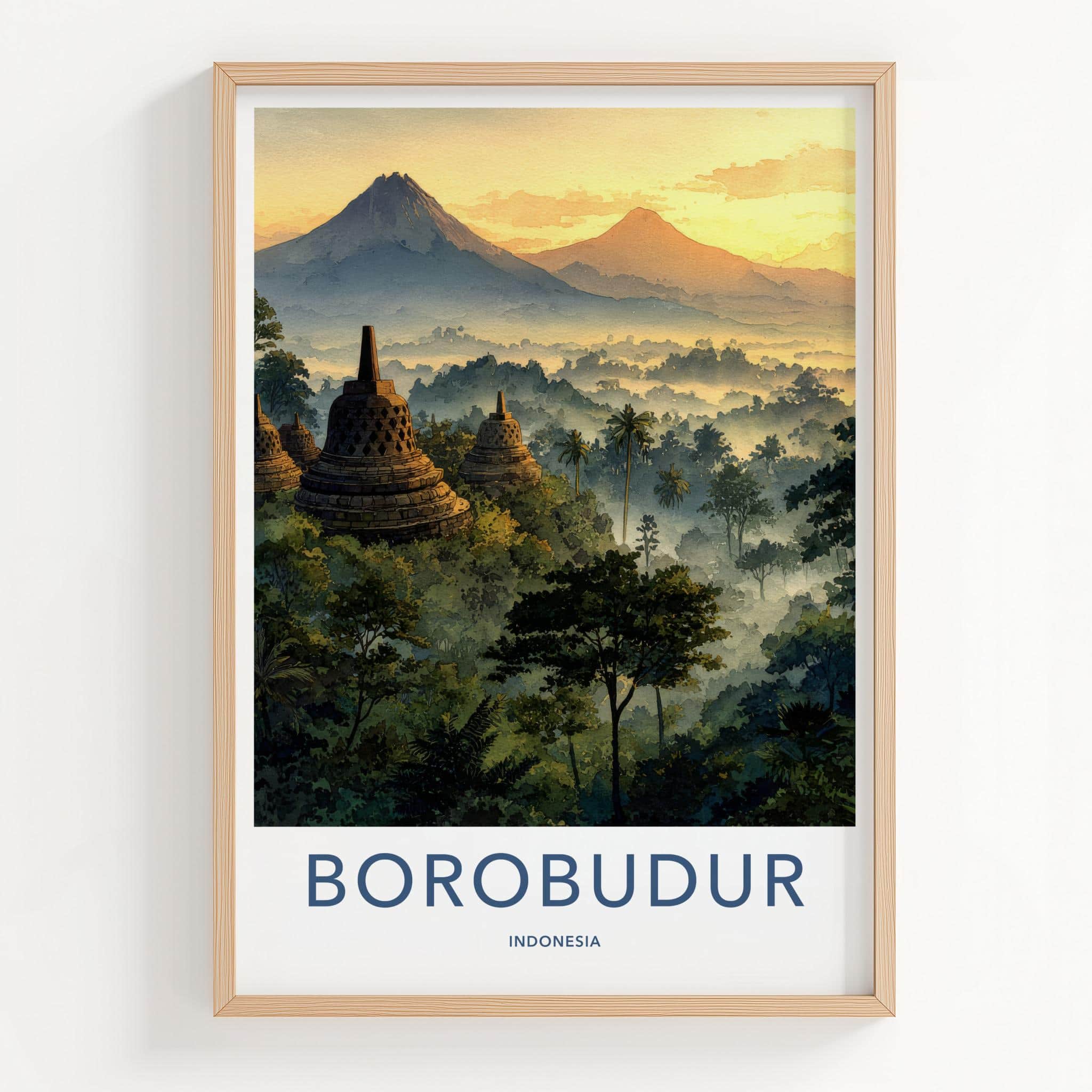 Borobudur Poster - Indonesia Travel Art - Misty Temple Sunrise Home Decor