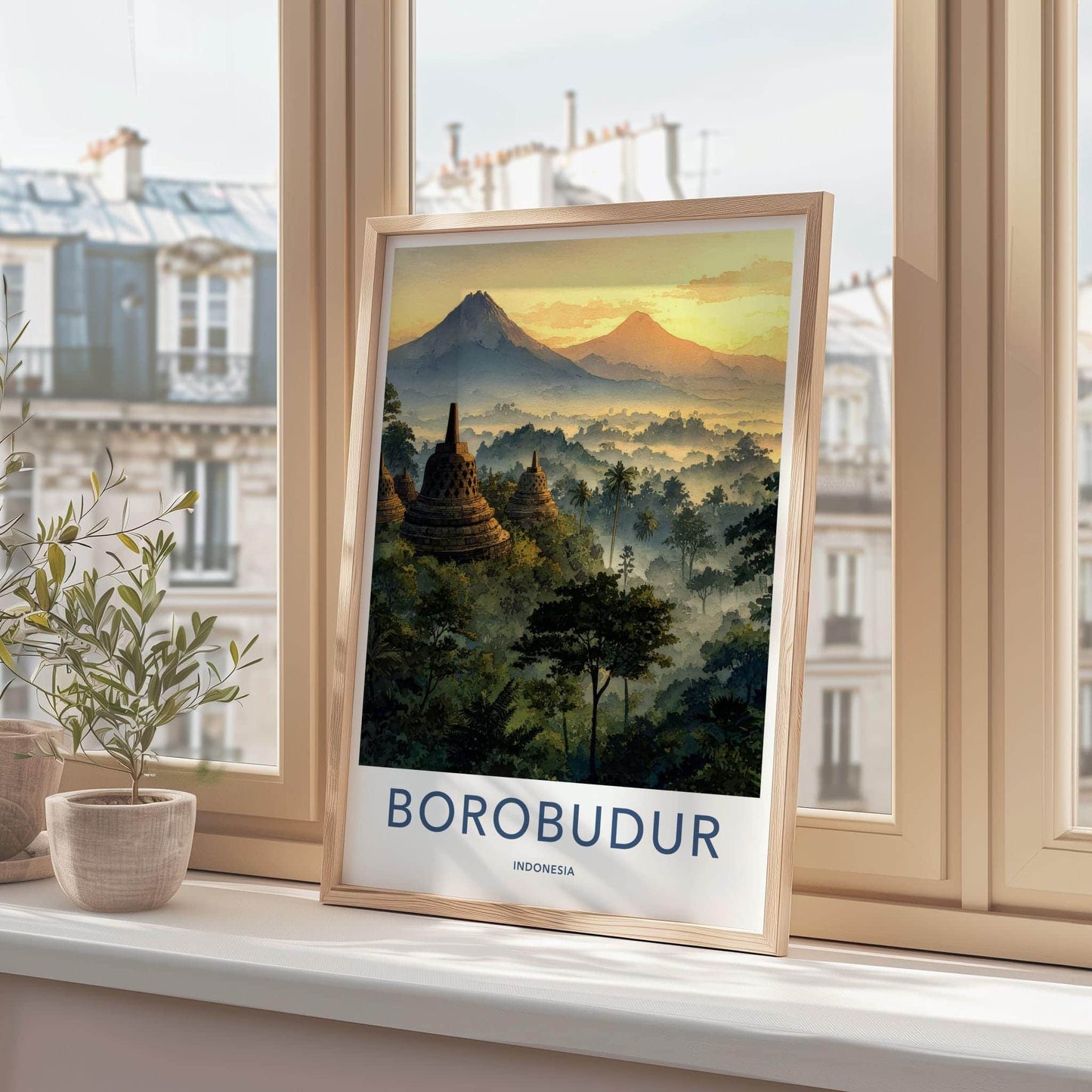 Borobudur Poster - Indonesia Travel Art - Misty Temple Sunrise Home Decor