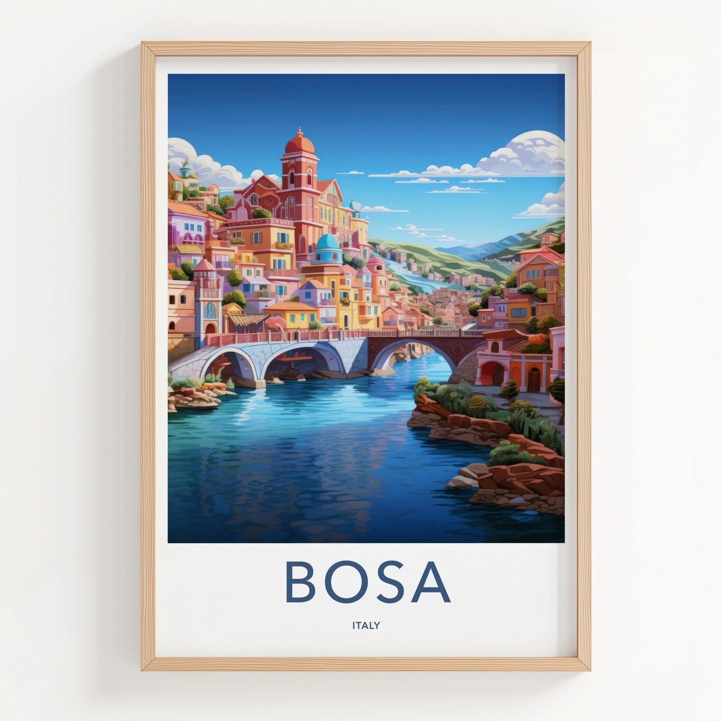 Bosa Poster - Italy Travel Art - Town River Bridges Home Decor