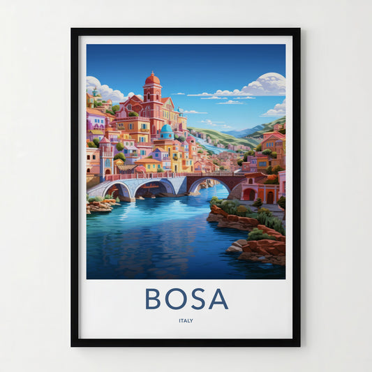 Bosa Poster - Italy Travel Art - Town River Bridges Home Decor