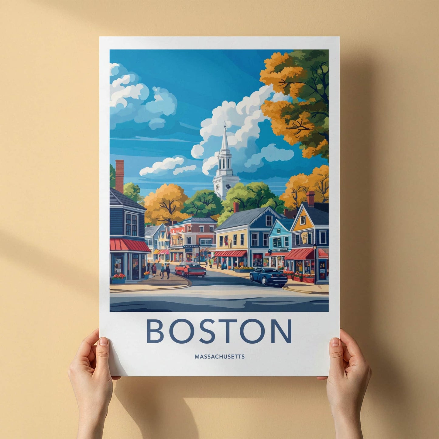 Boston Poster - Massachusetts Travel Art - Autumn Street Scene Wall Decor