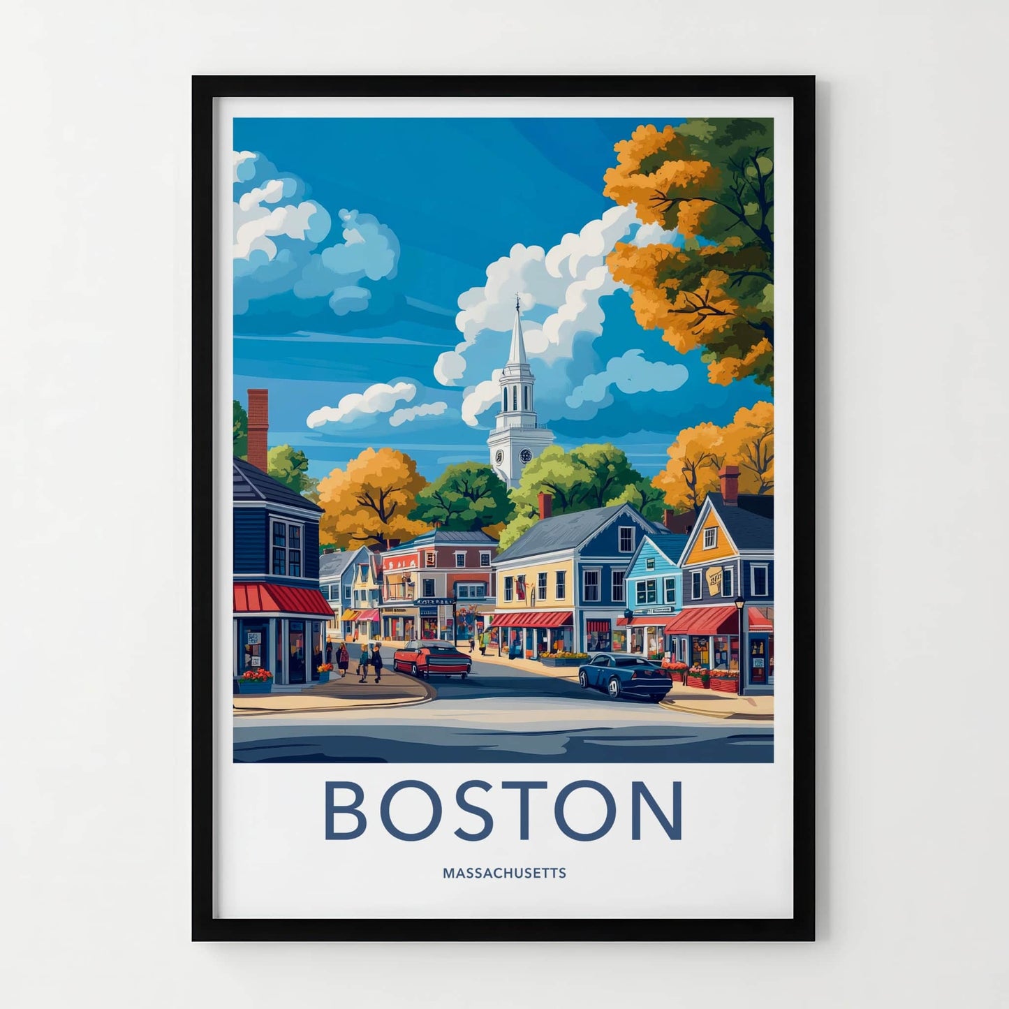 Boston Poster - Massachusetts Travel Art - Autumn Street Scene Wall Decor