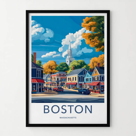 Boston Poster - Massachusetts Travel Art - Autumn Street Scene Wall Decor