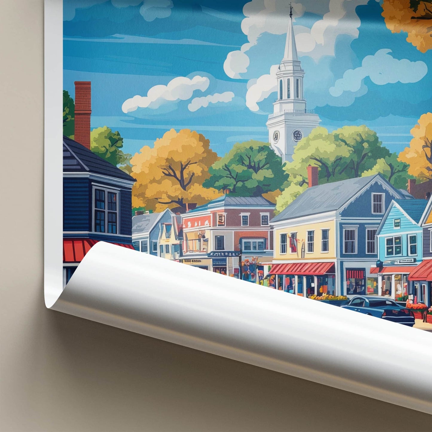Boston Poster - Massachusetts Travel Art - Autumn Street Scene Wall Decor