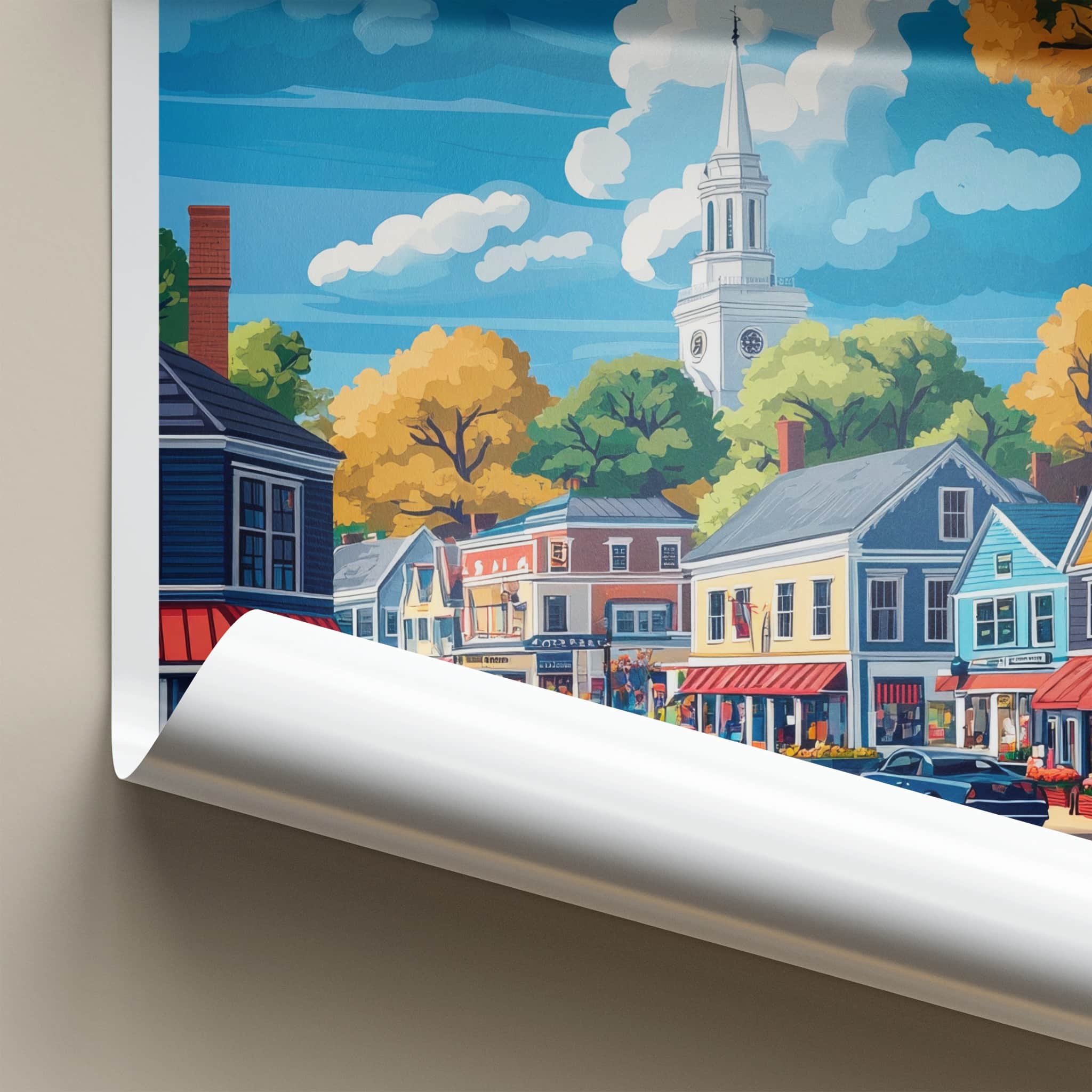 Boston Poster - Massachusetts Travel Art - Autumn Street Scene Wall Decor