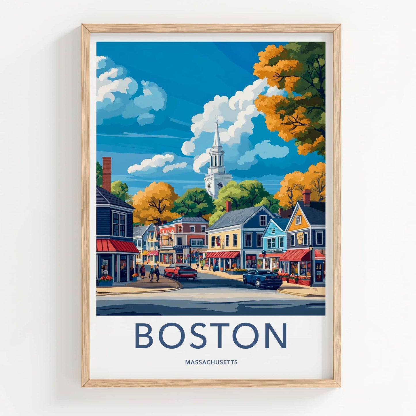Boston Poster - Massachusetts Travel Art - Autumn Street Scene Wall Decor