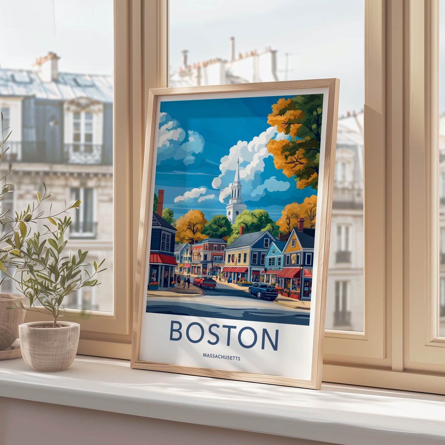 Boston Poster - Massachusetts Travel Art - Autumn Street Scene Wall Decor