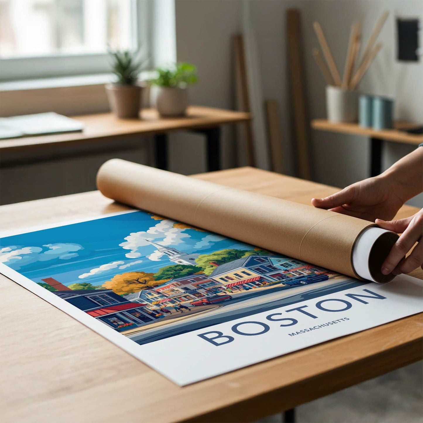 Boston Poster - Massachusetts Travel Art - Autumn Street Scene Wall Decor