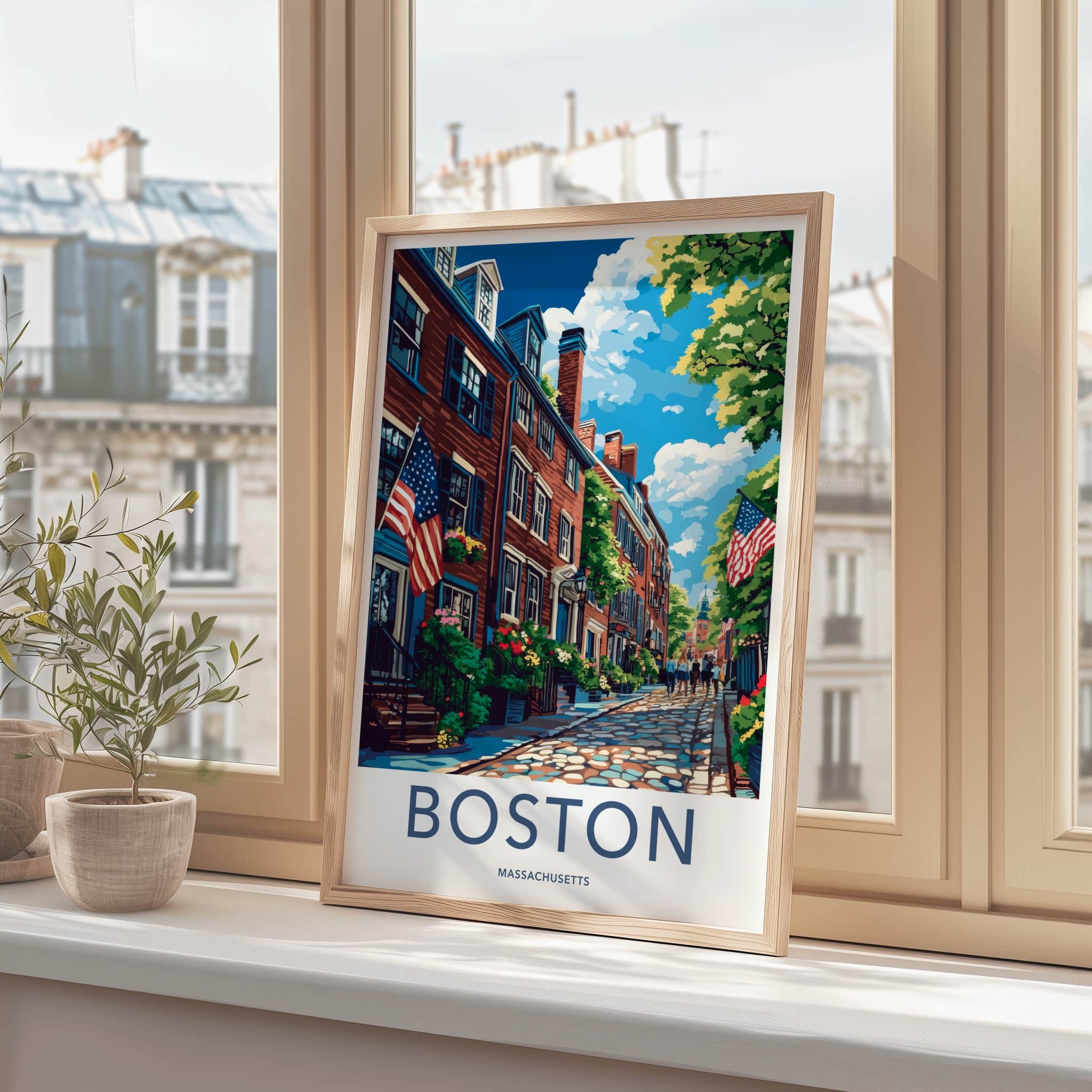 Boston Poster - Massachusetts Travel Art - Cobblestone Street Flags Home Decor