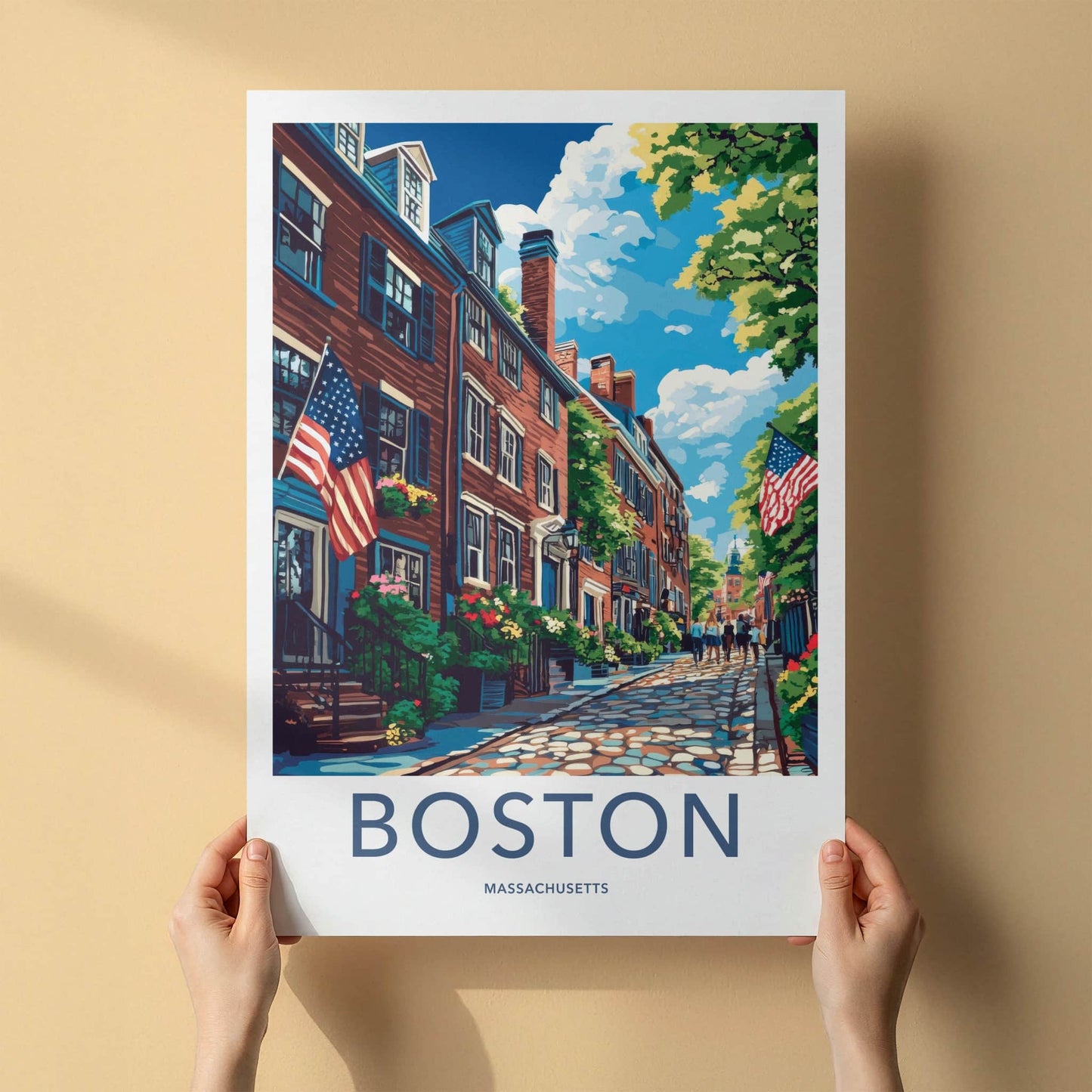 Boston Poster - Massachusetts Travel Art - Cobblestone Street Flags Home Decor