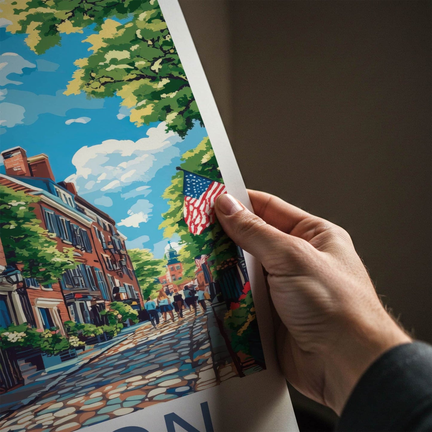 Boston Poster - Massachusetts Travel Art - Cobblestone Street Flags Home Decor