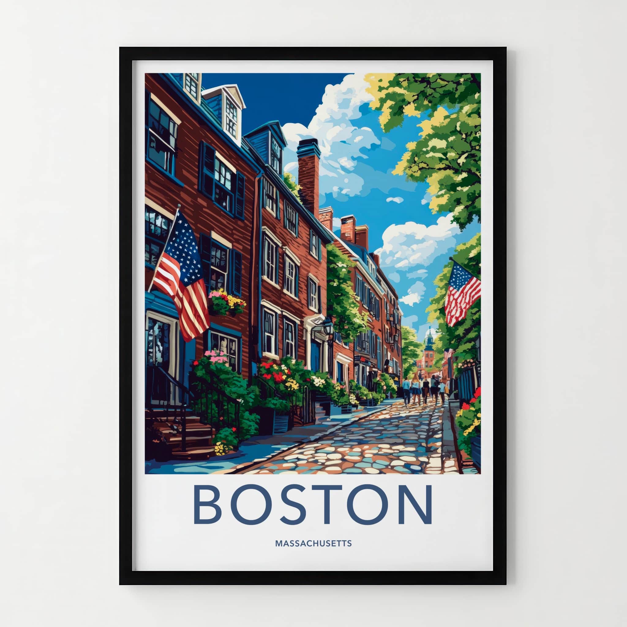 Boston Poster - Massachusetts Travel Art - Cobblestone Street Flags Home Decor