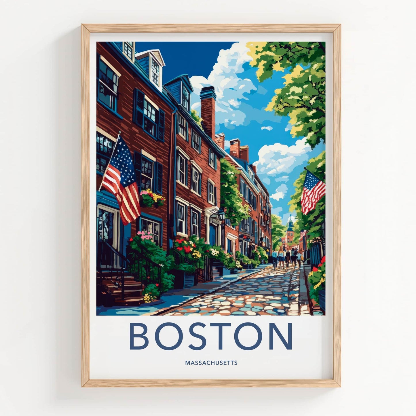 Boston Poster - Massachusetts Travel Art - Cobblestone Street Flags Home Decor