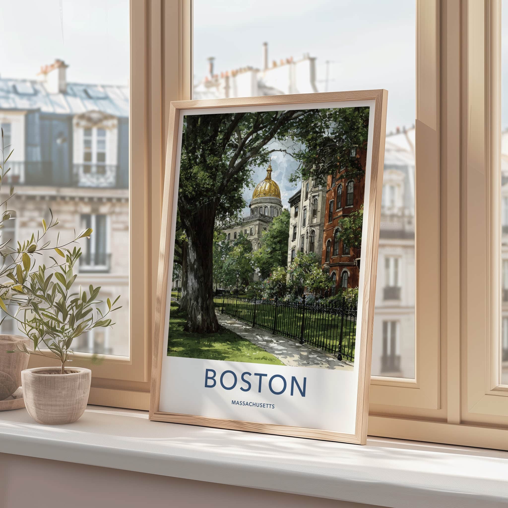 Boston Poster Massachusetts Travel Art Golden Dome Building Framed Decor