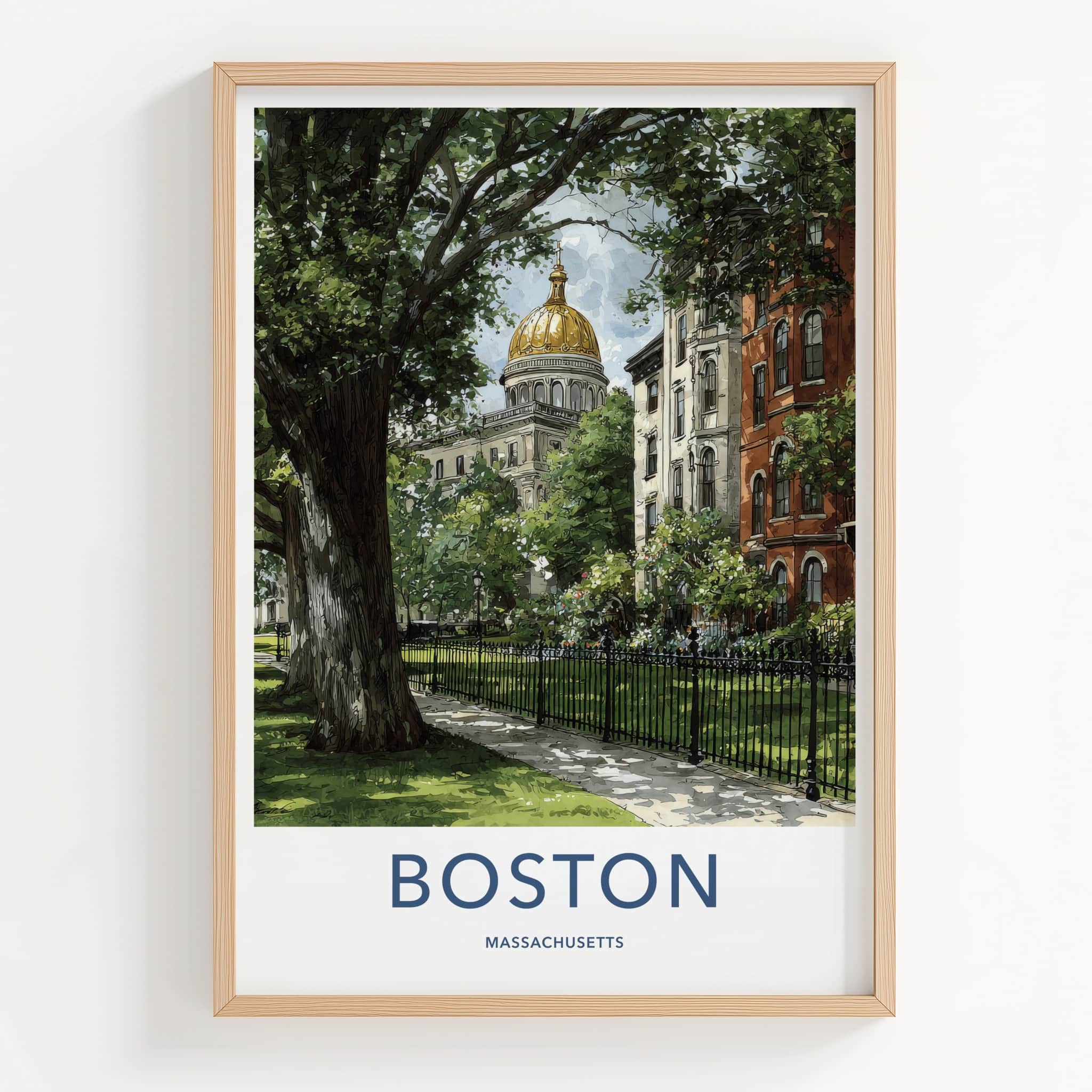 Boston Poster Massachusetts Travel Art Golden Dome Building Framed Decor