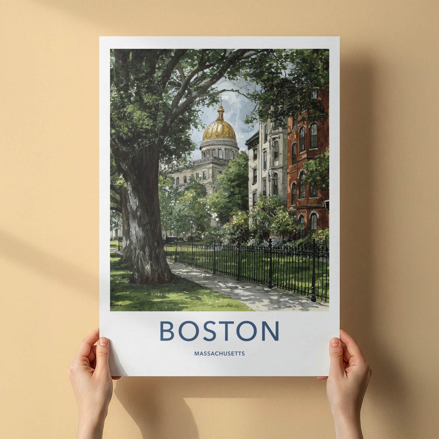 Boston Poster Massachusetts Travel Art Golden Dome Building Framed Decor