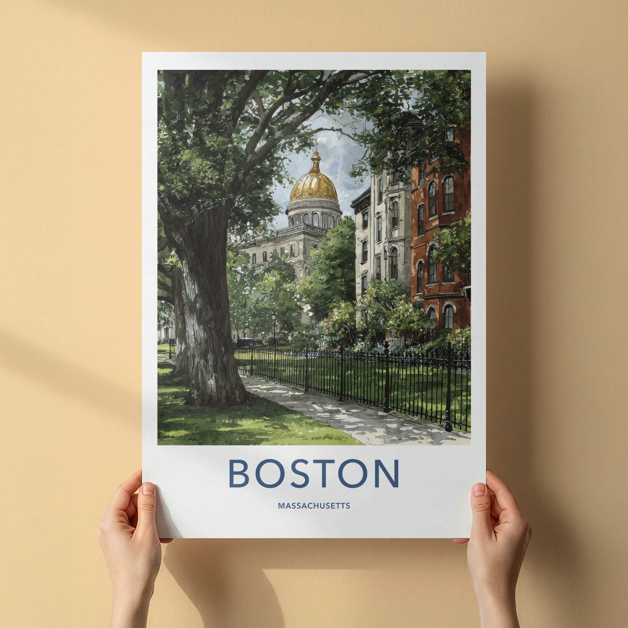 Boston Poster Massachusetts Travel Art Golden Dome Building Framed Decor