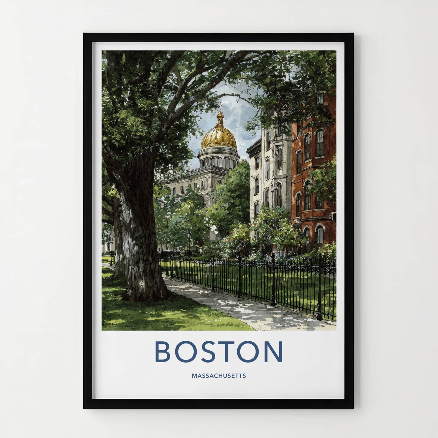 Boston Poster Massachusetts Travel Art Golden Dome Building Framed Decor