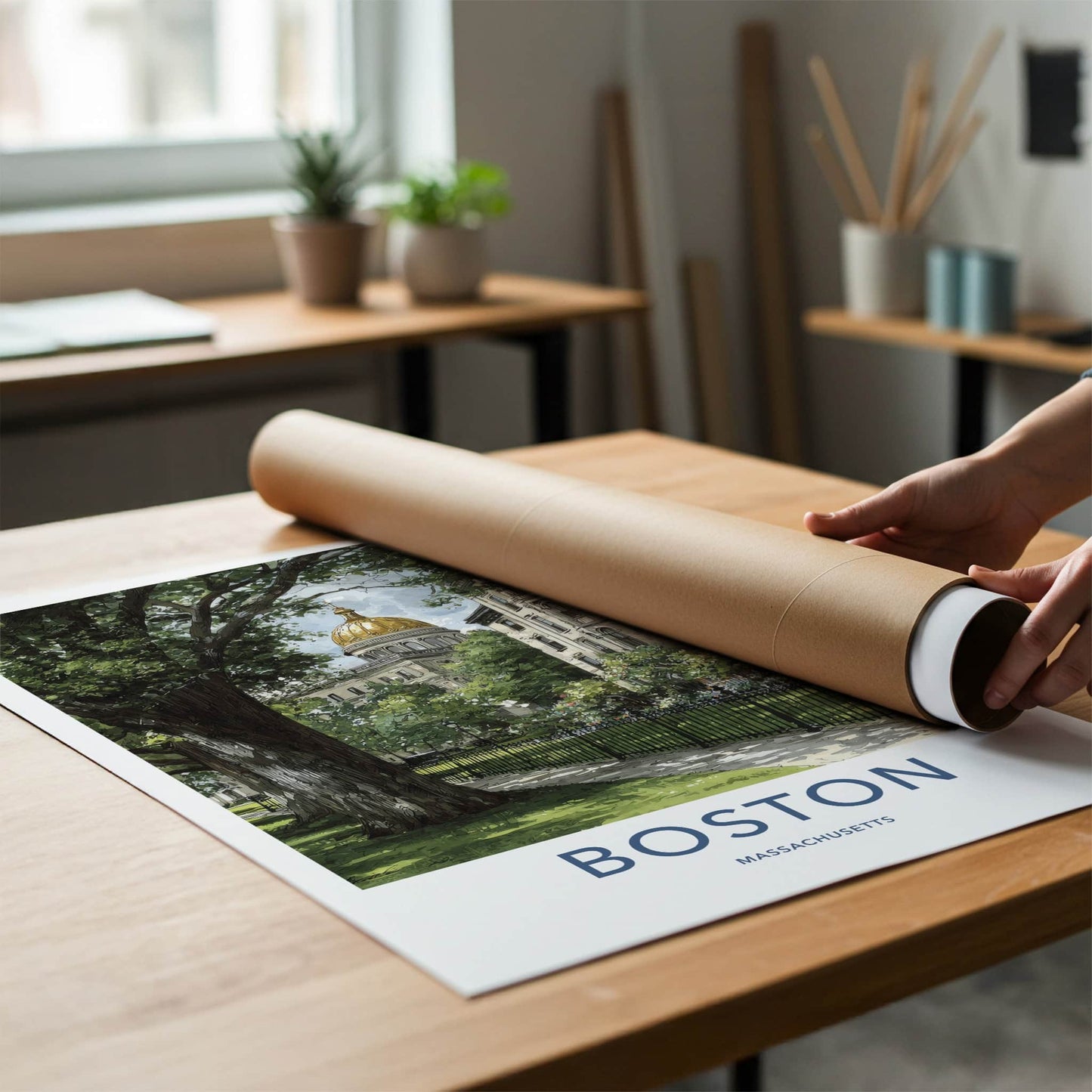 Boston Poster Massachusetts Travel Art Golden Dome Building Framed Decor