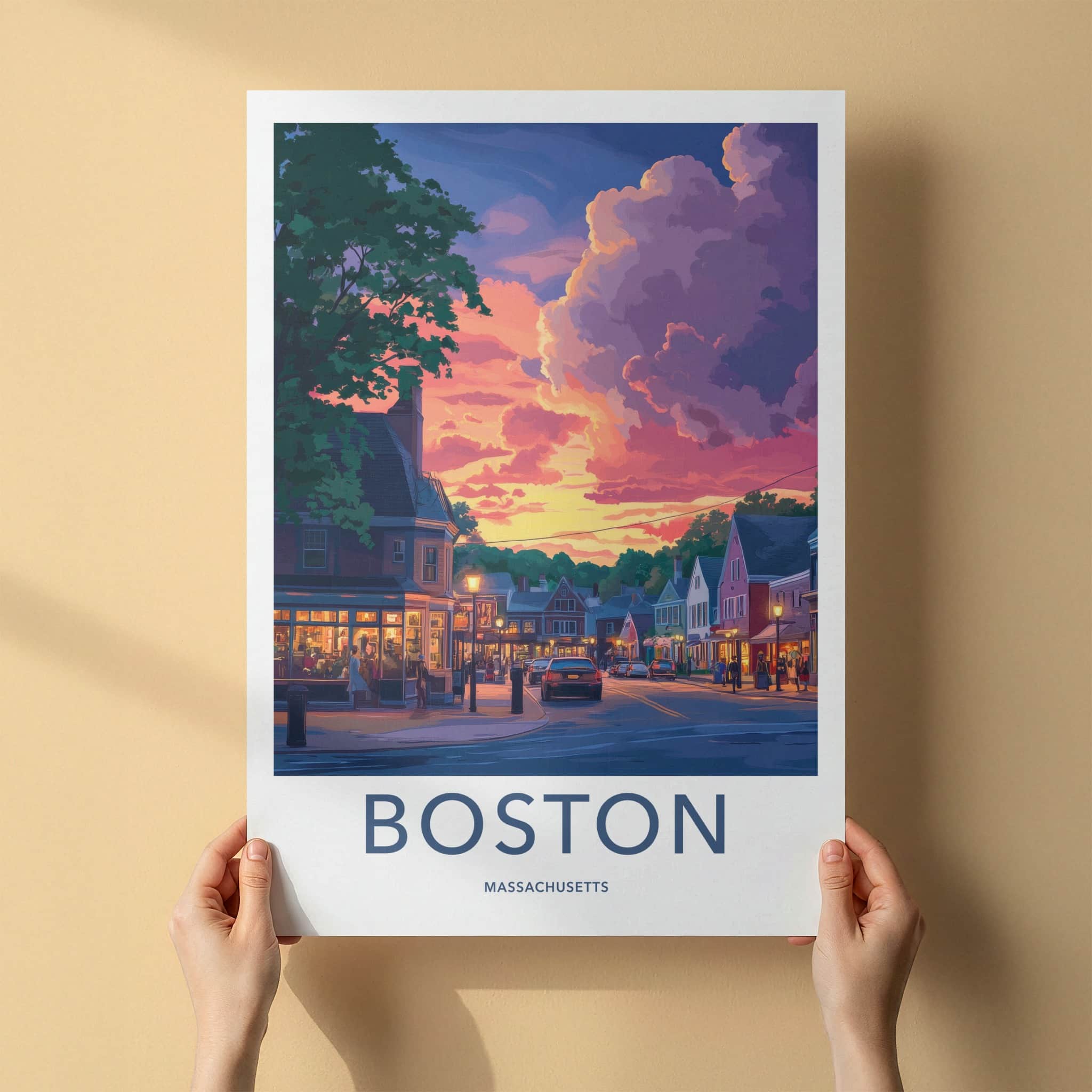 Boston Poster - Massachusetts Travel Art - Vibrant Sunset Street Home Decor