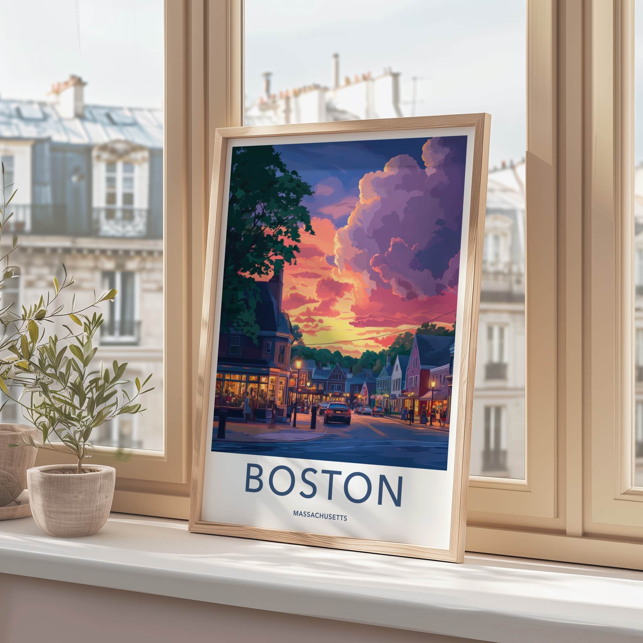Boston Poster - Massachusetts Travel Art - Vibrant Sunset Street Home Decor
