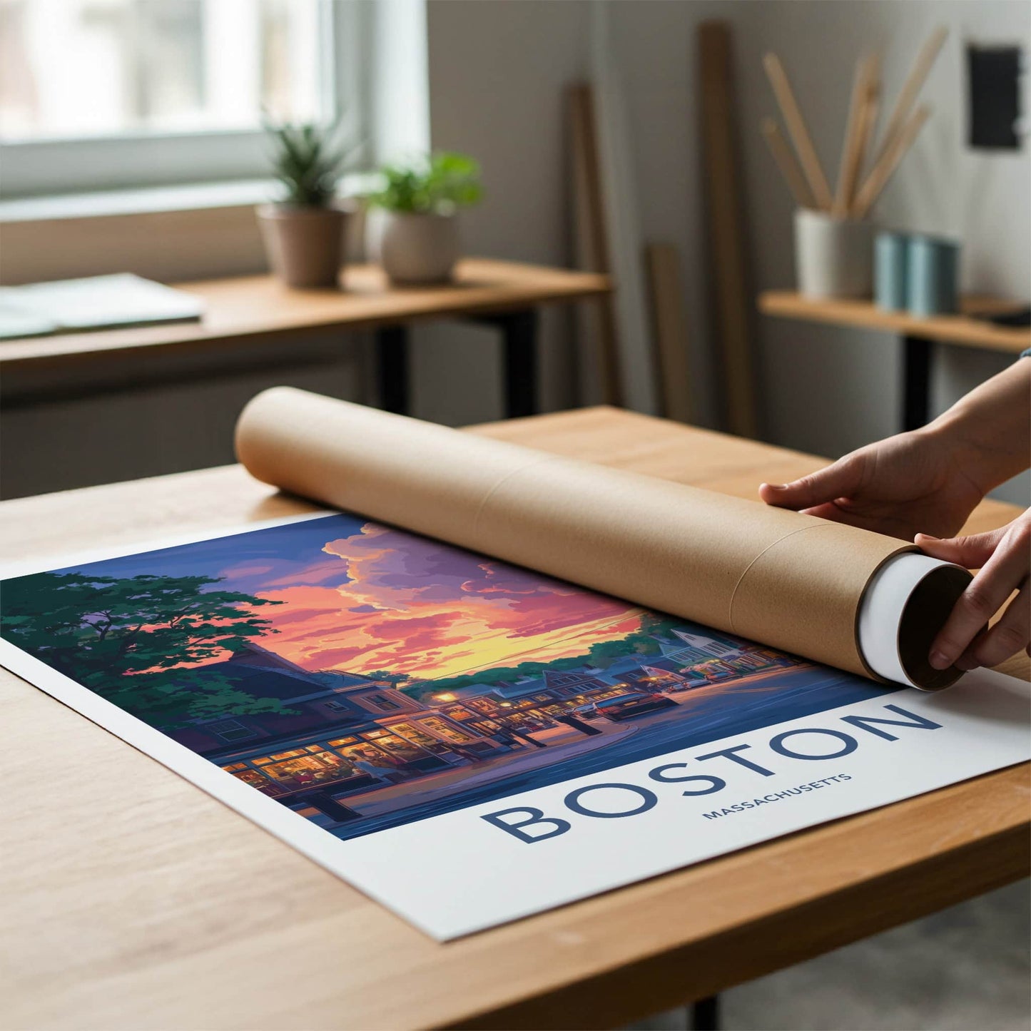 Boston Poster - Massachusetts Travel Art - Vibrant Sunset Street Home Decor
