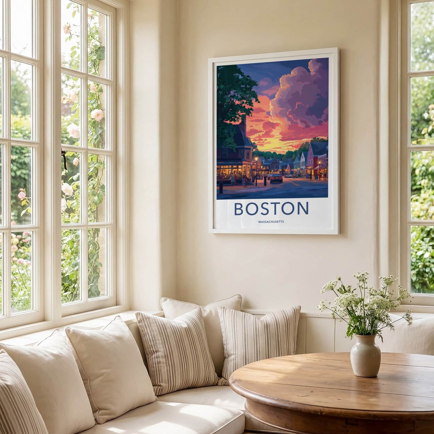 Boston Poster - Massachusetts Travel Art - Vibrant Sunset Street Home Decor