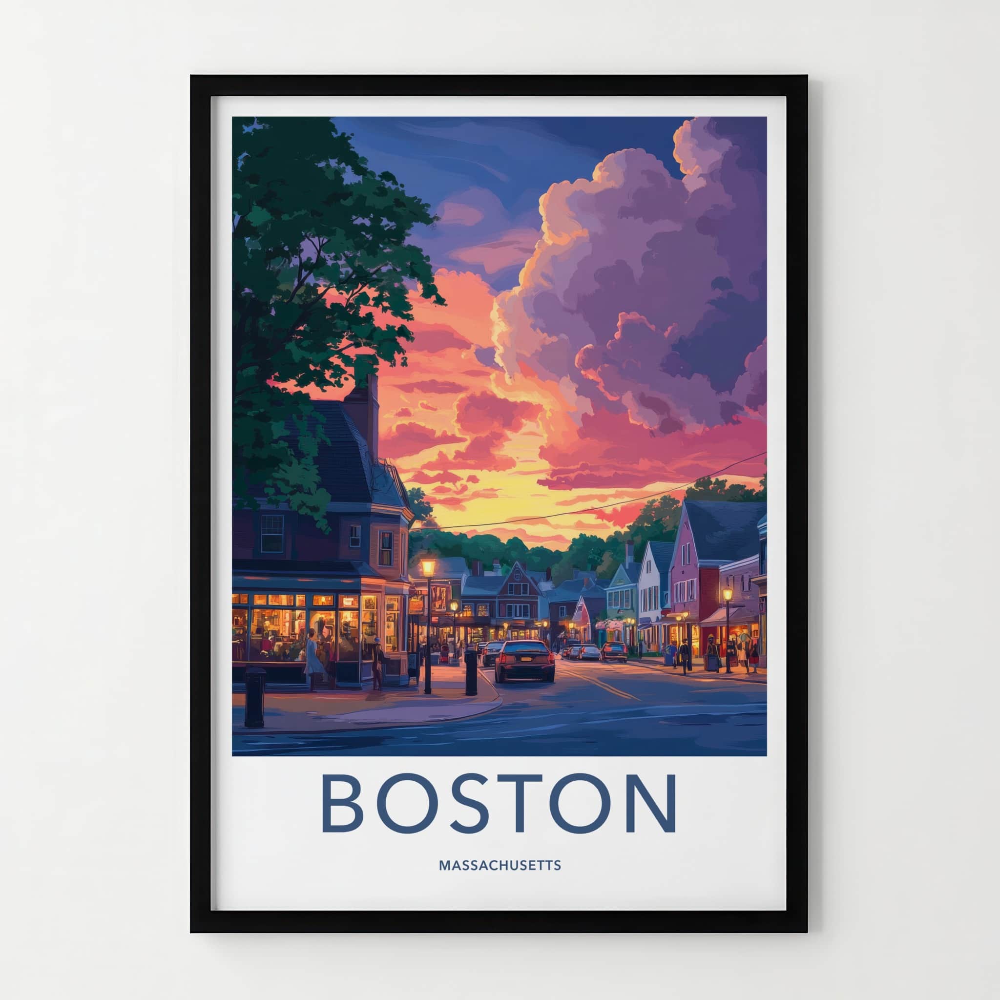 Boston Poster - Massachusetts Travel Art - Vibrant Sunset Street Home Decor