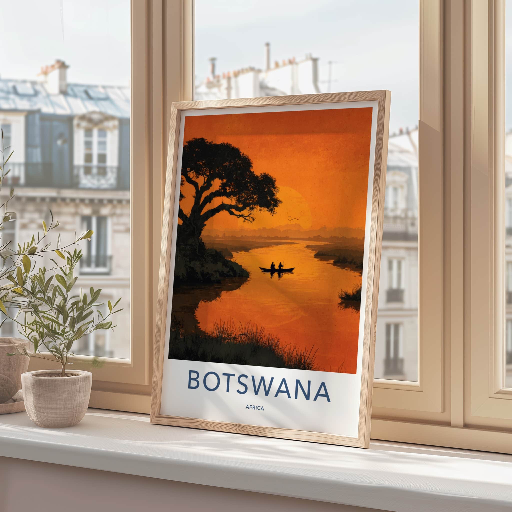 Botswana Poster - Africa Travel Art - Canoe Sunset River Home Decor