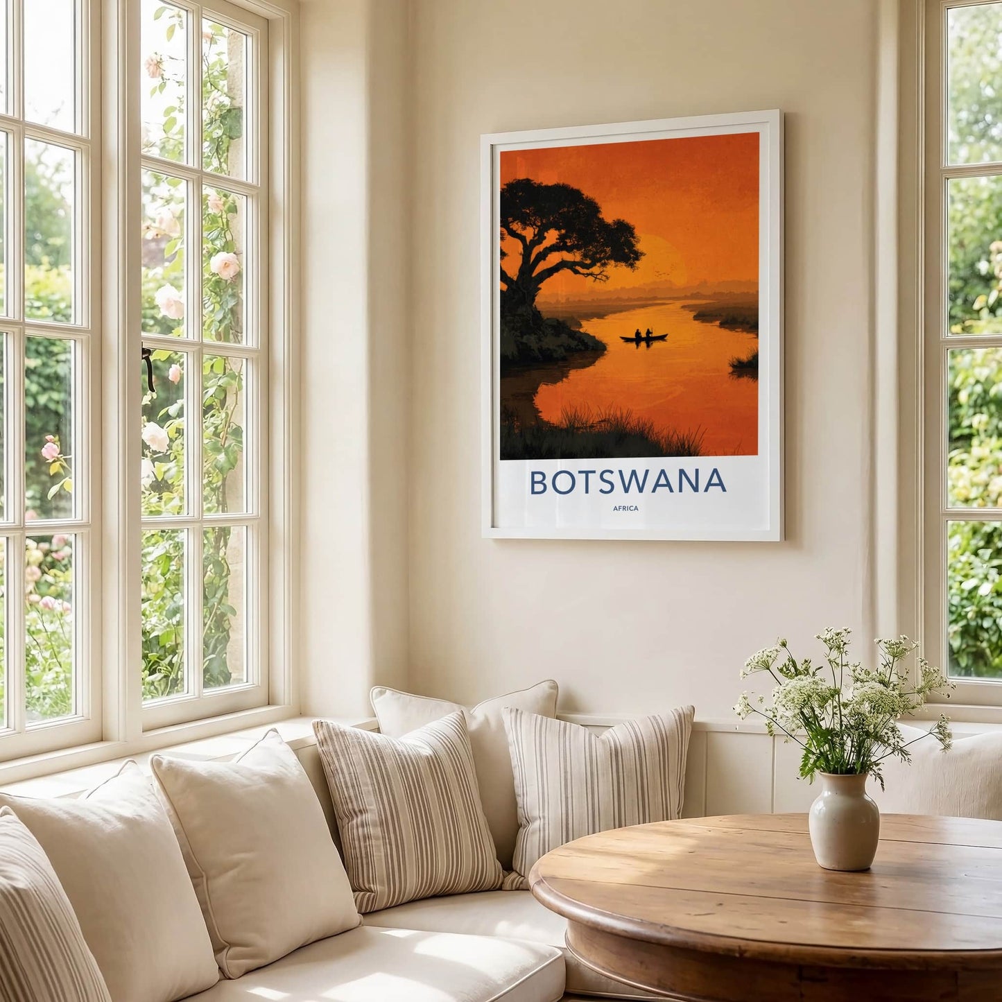 Botswana Poster - Africa Travel Art - Canoe Sunset River Home Decor
