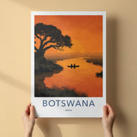 Botswana Poster - Africa Travel Art - Canoe Sunset River Home Decor