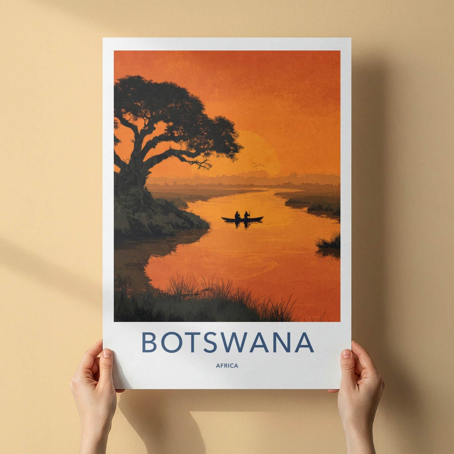 Botswana Poster - Africa Travel Art - Canoe Sunset River Home Decor