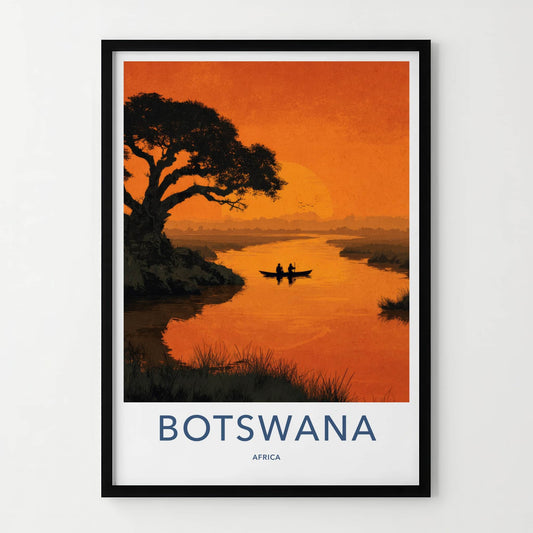 Botswana Poster - Africa Travel Art - Canoe Sunset River Home Decor