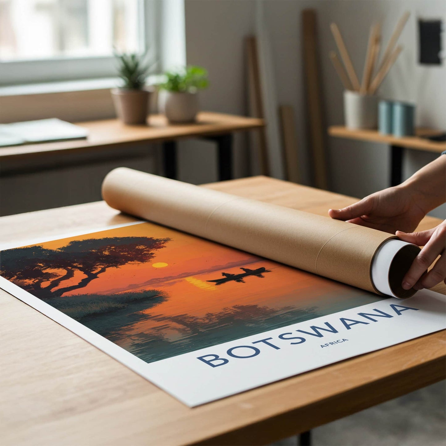 Botswana Poster - Africa Travel Art - Sunset River Canoe Gallery Art