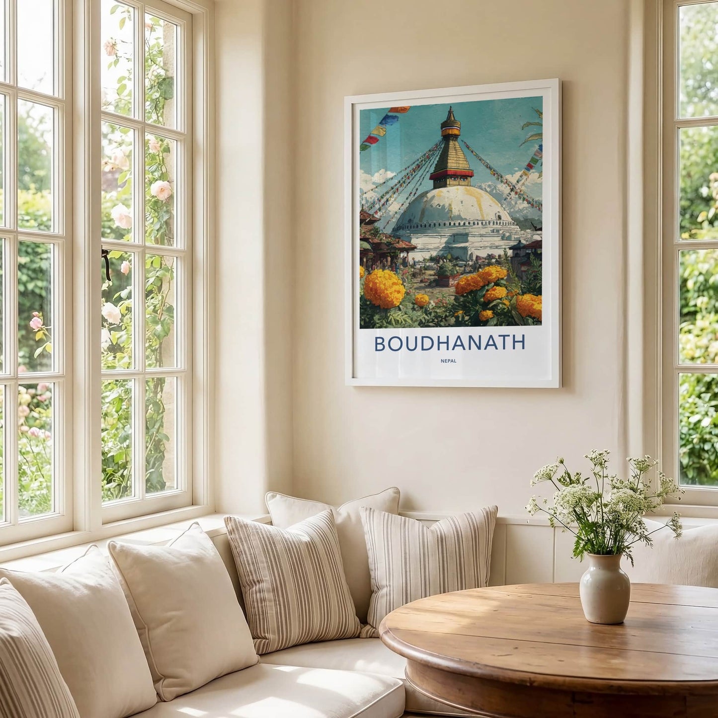 Boudhanath Poster - Nepal Framed Art - Buddhist Stupa Marigold Home Decor