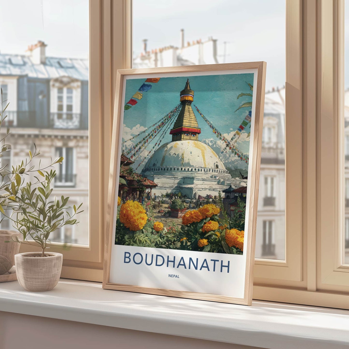 Boudhanath Poster - Nepal Framed Art - Buddhist Stupa Marigold Home Decor