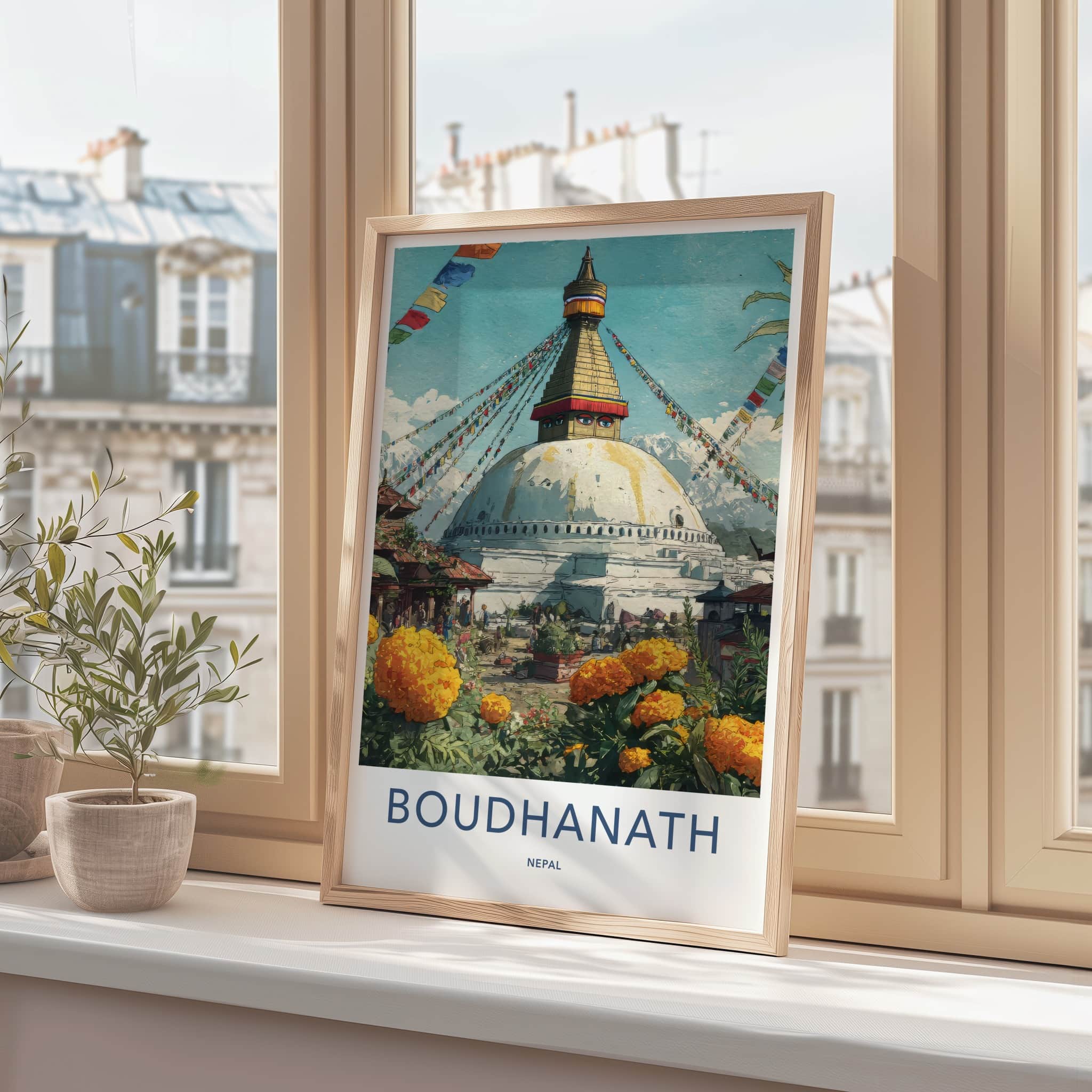 Boudhanath Poster - Nepal Framed Art - Buddhist Stupa Marigold Home Decor